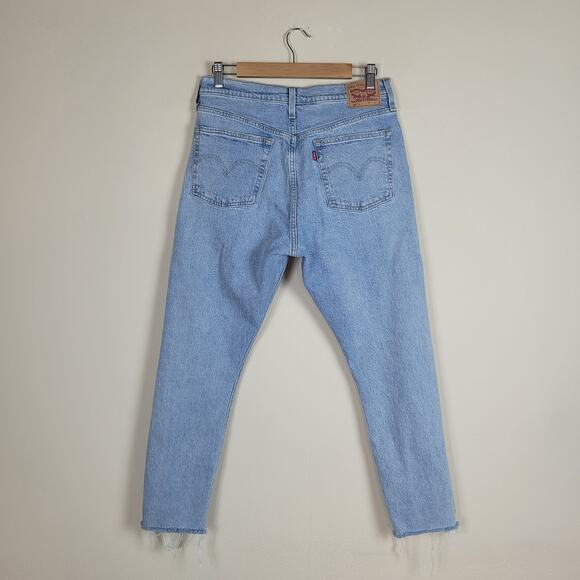 Levis 501 Jeans 31x28 Blue Denim Light Wash Button Fly Raw Hem Skinny High Rise - Picture 4 of 11